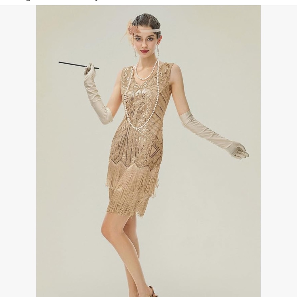 Elegant Gold Flapper Dress with Fringe (includes accessories)